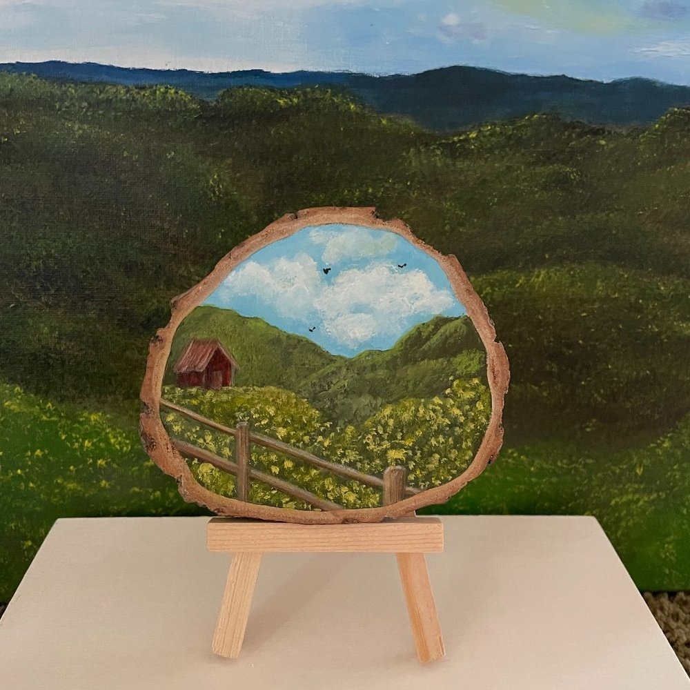 Miniature Mini Oil Painting With Easel Wood Round Signed by Artist Barn Country